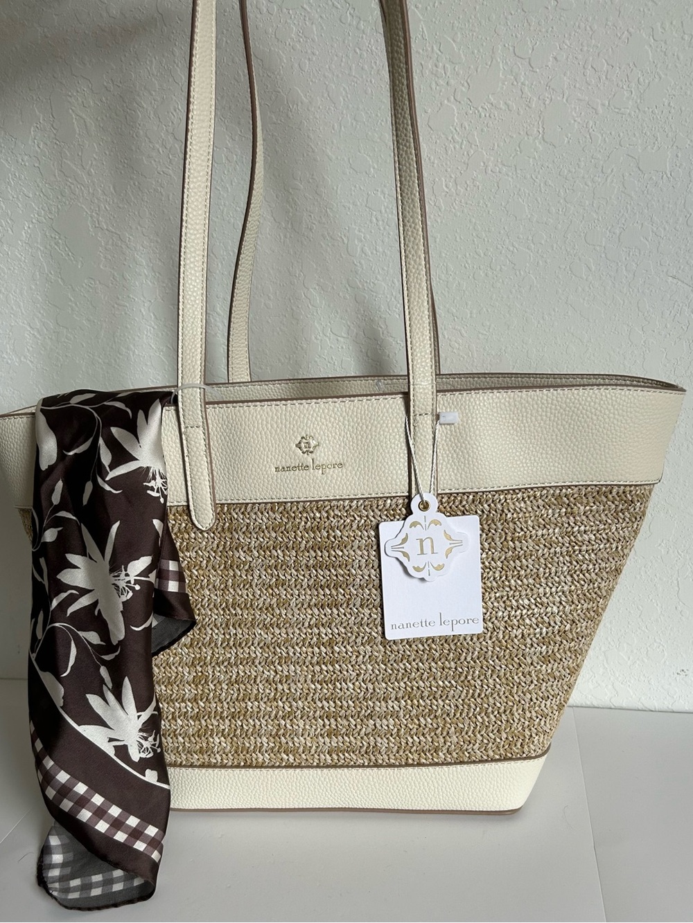Nanette Lepore Cream & Natural Straw Tote with Printed satin Scarf